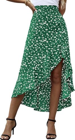 LYANER Women's Floral Printed Split High Low Ruffle Hem Elastic Waist Midi Skirt in Saudi Arabia
