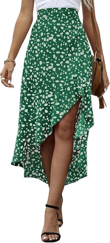 LYANER Women's Floral Printed Split High Low Ruffle Hem Elastic Waist Midi Skirt in Saudi Arabia