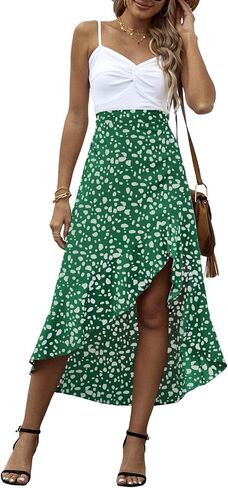 LYANER Women's Floral Printed Split High Low Ruffle Hem Elastic Waist Midi Skirt in Saudi Arabia