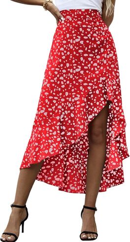 LYANER Women's Floral Printed Split High Low Ruffle Hem Elastic Waist Midi Skirt in Saudi Arabia