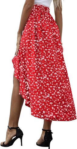 LYANER Women's Floral Printed Split High Low Ruffle Hem Elastic Waist Midi Skirt in Saudi Arabia