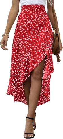 LYANER Women's Floral Printed Split High Low Ruffle Hem Elastic Waist Midi Skirt in Saudi Arabia