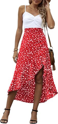 LYANER Women's Floral Printed Split High Low Ruffle Hem Elastic Waist Midi Skirt in Saudi Arabia