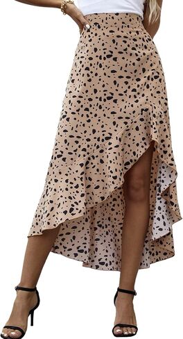 LYANER Women's Floral Printed Split High Low Ruffle Hem Elastic Waist Midi Skirt in Saudi Arabia