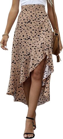 LYANER Women's Floral Printed Split High Low Ruffle Hem Elastic Waist Midi Skirt in Saudi Arabia