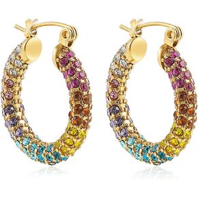 CiNily Huggie Hoop Earrings, Rainbow Colorful Crystal Yellow Gold Plated Cuff Earrings Fashion Small Hoop Earrings for Women Girls