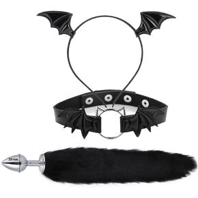 TJCGCKK Animal Cosplay Costume Furry Fox Tail Cute Ears Headband Bat Style Neck Collar Set