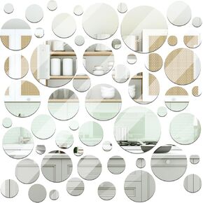 Jetec Real Glass Round Mirror Tiles Frameless Round Wall Mirrors Glass Mirror Tiles Round Mirrors Wall Mount with Double-Sided Acrylic Adhesive for Bedroom