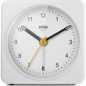 Braun Classic Analogue Alarm Clock with Snooze and Light, Quiet Quartz Sweeping Movement, Crescendo Beep Alarm in Black and White, Model BC03BW.
