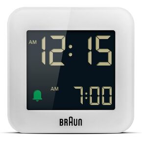 Braun Digital Travel Alarm Clock with Snooze, Compact Size, Negative LCD Display, Quick Set,Crescendo Beep Alarm in Grey, Model BC08G.