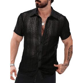 WDIRARA Men's Sheer Mesh Lace Button Front Short Sleeve Collar Party Shirt Tops