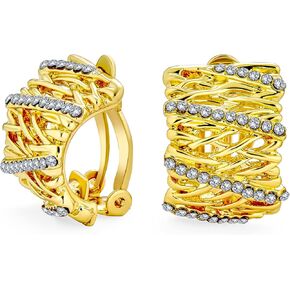 Single Row Crystal Wide Half Hoop Clip On Earrings For Women Non Pierced Ears Polished Silver Tone Plated Brass