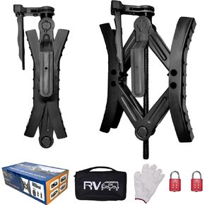 Camper Wheel Chock Stabilizers,RV Heavy Duty Tire Chock Stabilizers,Travel Trailers Wheel Chock Scissor 2 Sets with Built-in Wrench, Tire Locking Chocks Accessories，Black