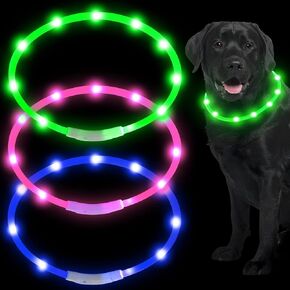 3 Pieces LED Pet Collar Light Up Dog Collars USB Rechargeable Water Resistant Pet Collar Cuttable Glowing Dog Collar Pet Necklace Loop for Dogs, Pink, Green, Blue (Natural Style)
