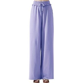 noflik 100% Cotton Solid Elastic Drawstring Waistband Wide Leg Fray Hem Sweatpants (Charcoal, XXL)