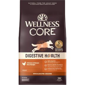 Wellness CORE Digestive Health Dry Dog Food with Wholesome Grains, Highly Digestible, for Dogs with Sensitive Stomachs, Made in USA with Real Protein (Whitefish & Brown Rice, 4-Pound Bag)