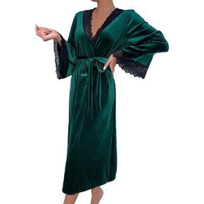 Rubruan Women's Long Velvet Lace Robe Robes For Women Soft Warm Bathrobe with Loose Sleepwear Nightgown Comfort