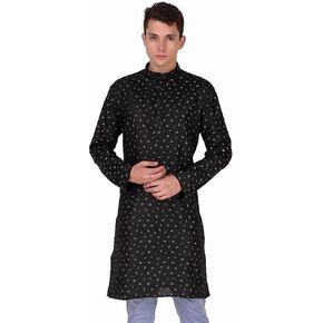 SKAVIJ Mens Cotton Printed Kurta Long Sleeve Tunic Shirt
