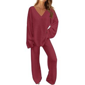 MEROKEETY Women's 2 Piece Outfits Fuzzy Fleece Pajama Set Long Sleeve Top Wide Leg Pants Loungewear