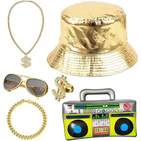 CHUANGLI 6 قطعة 80s 90s الهيب هوب طقم ملابس نفخ راديو Boombox قلادة حلقة النظارات الشمسية قبعة مغني الراب اكسسوارات
