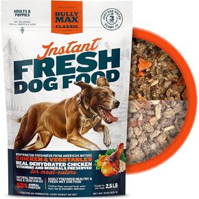 Instant Fresh Dog Food by Bully Max - Dehydrated Raw Dog Food for All Breeds and Ages - Wet Dog Food Alternative - Natural Chicken Recipe Complete Meal or Dog Food Topper - Makes 2.5 Lb Wet Food