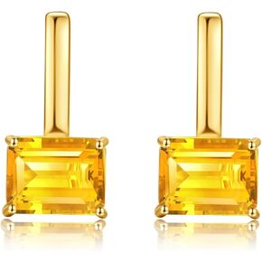 14k Gold Plated Emerald Cut Diamond Drop Dangle Earrings,10x8mm with Square Yellow Citrine and White Clear Gemstone Hoop Earrings, Double-sided Pendant, November Birthstone