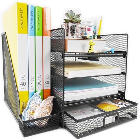 2 Set Desk Organizers, Metal Desk Magazine File Holder and 1 Pen Holder, 2 Compartments Mesh File Holder, Mesh Desktop Organizer and Storage,Black in Saudi Arabia