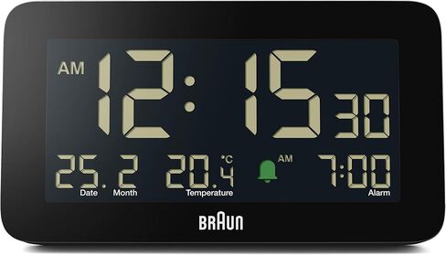 Braun Digital Alarm Clock with Date, Month and Temperature Displayed, Negative LCD Display, Quick Set, Crescendo Beep Alarm in White, Model BC10W. in Saudi Arabia