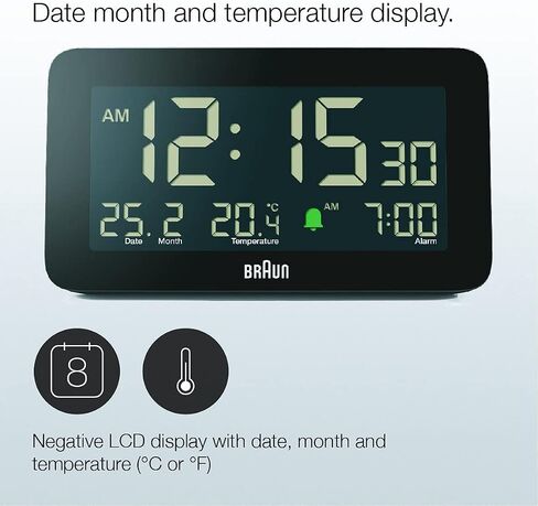 Braun Digital Alarm Clock with Date, Month and Temperature Displayed, Negative LCD Display, Quick Set, Crescendo Beep Alarm in White, Model BC10W. in Saudi Arabia
