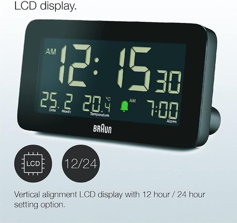 Braun Digital Alarm Clock with Date, Month and Temperature Displayed, Negative LCD Display, Quick Set, Crescendo Beep Alarm in White, Model BC10W. in Saudi Arabia