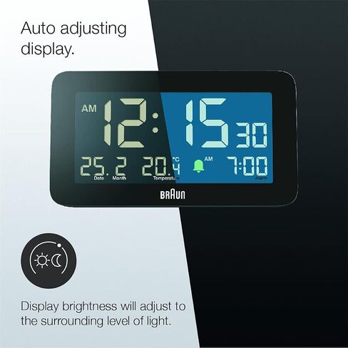 Braun Digital Alarm Clock with Date, Month and Temperature Displayed, Negative LCD Display, Quick Set, Crescendo Beep Alarm in White, Model BC10W. in Saudi Arabia