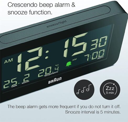 Braun Digital Alarm Clock with Date, Month and Temperature Displayed, Negative LCD Display, Quick Set, Crescendo Beep Alarm in White, Model BC10W. in Saudi Arabia