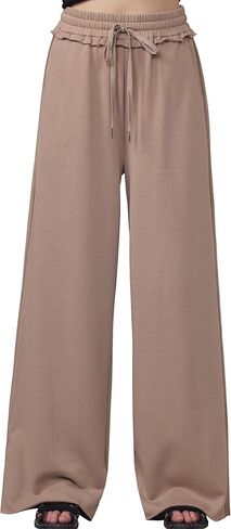 noflik Women's 100 Cotton Elastic High Waisted Drawstring Wide Leg Fray Hem Sweatpants in Kuwait