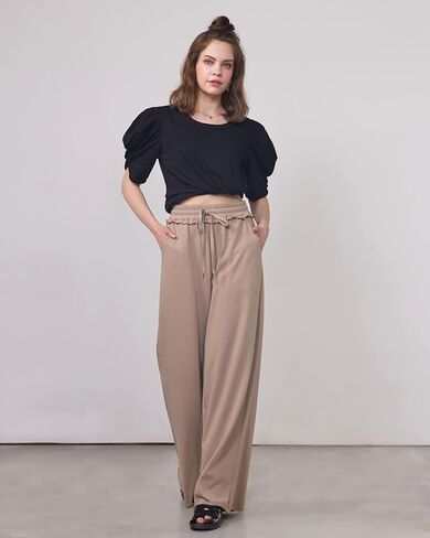 noflik Women's 100 Cotton Elastic High Waisted Drawstring Wide Leg Fray Hem Sweatpants in Kuwait
