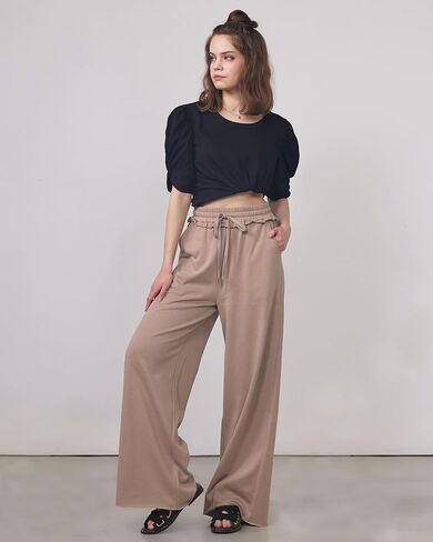 noflik Women's 100 Cotton Elastic High Waisted Drawstring Wide Leg Fray Hem Sweatpants in Kuwait