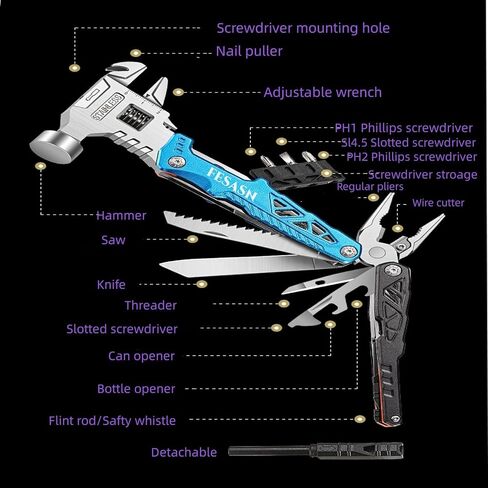 Fesasn Multi Tool Hammer/Multitool Hammer for Survival,16 in 1 Adjustable Wrench/Multitools Pliers Survival Camping Gear Gadgets Hiking Outdoor,Home DIY Use in Kuwait