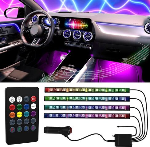 مصابيح LED Mega Racer لداخل السيارة - 48 شريحة LED RGB 8 ألوان فريدة، 4 تأثيرات مزامنة للموسيقى مع جهاز تحكم عن بعد بالأشعة تحت الحمراء، مقاوم للماء، شاحن سيارة DC 12V in Kuwait