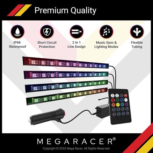 مصابيح LED Mega Racer لداخل السيارة - 48 شريحة LED RGB 8 ألوان فريدة، 4 تأثيرات مزامنة للموسيقى مع جهاز تحكم عن بعد بالأشعة تحت الحمراء، مقاوم للماء، شاحن سيارة DC 12V in Kuwait