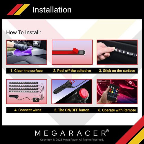 مصابيح LED Mega Racer لداخل السيارة - 48 شريحة LED RGB 8 ألوان فريدة، 4 تأثيرات مزامنة للموسيقى مع جهاز تحكم عن بعد بالأشعة تحت الحمراء، مقاوم للماء، شاحن سيارة DC 12V in Kuwait