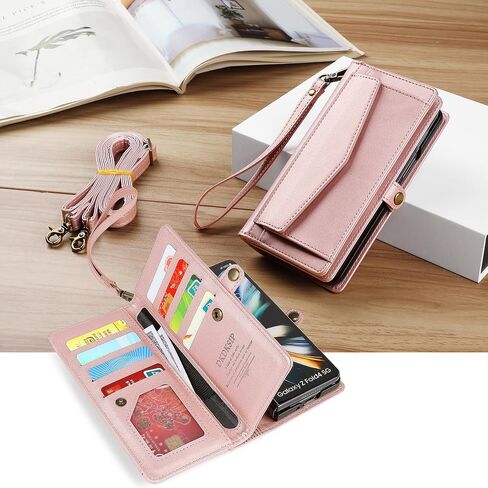 for Samsung Galaxy Z Fold 3 Wallet Case for Women with 【S Pen Holder】, RFID Blocking Card Holder, PU Leather Flip Phone Case with Crossbody Strap Wristlet Kickstand for Galaxy Z Fold 3, Pink in Saudi Arabia