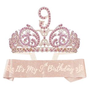 9th Birthday Sash and Tiara for Girls - Fabulous Glitter Sash + Forest Rhinestone Gold Premium Metal Tiara for Girls, 9th Birthday Gifts for Princess Party