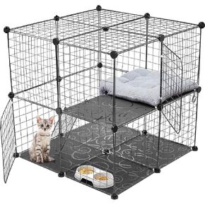 2 Tier Large Cat Cage Crate DIY Pet Playpen Detachable Dense Metal Wire Ferret Cage Indoor Cat Kennels for Kitten Puppy Bunny Exercise (White, 27.56 x 27.56 x 13.78 Inches)