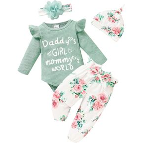 TITKKOP Newborn Baby Girls Clothes Ruffle Long Sleeve Romper Floral Pnats+Headband+Hat 4pcs Baby Girl Outfits