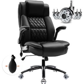 Large High Back Office Chair - Adjustable Lumbar Support, Flip Up Arms, Heavy Duty Metal Base, Breathable Bonded Leather, 2 Storage Bags, Black
