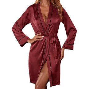 Vrtige Women's Satin Silk Robe Long Sleeve Bridesmaids Kimono Bathrobe Sleepwear with Belt