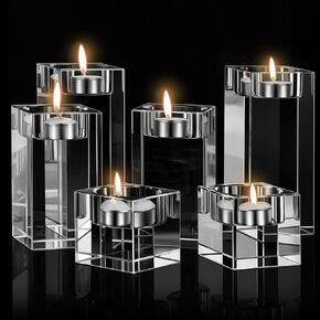 6 Pcs Crystal Candle Holders Clear Tea Light Candle Holders Square Candle Stand Glass Votive Candlestick Holders Centerpiece Table Decorations for Wedding Dining Living Room 1.57'' 3.15'' 3.94''