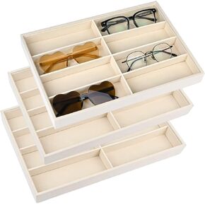 3 Pcs Velvet Sunglass Organizer Trays Stackable Glasses Organizer Tray with 8 Grids and Removable Internal Dividers for Eyewear Watch Jewrly Showcase Display Storage Home Use & Trade Show (Black)