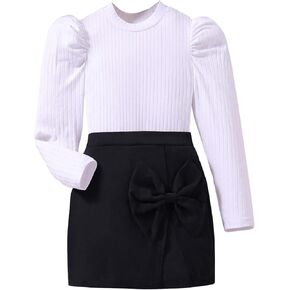 SOLY HUX Girl's 2 Piece Outfits Puff Long Sleeve Tee and Bow Front Skort Shorts Set