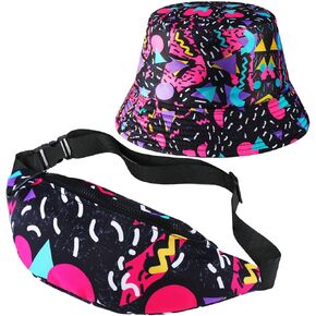 2 Pcs 80s 90s Fanny Pack Bucket Hats Set for Men Women Neon Waist Packs Hat for Sports Party