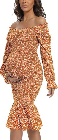 Maternity Summer Floral Midi Bodycon Dresses, Short Puff Sleeve Square Neck Ruffle Hem Mermaid Baby Shower Dress Grey L in Kuwait